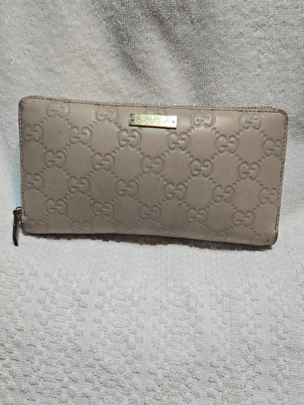 Gucci Taupe Embossed GG Zip-Around Leather Wallet with Gold Plate